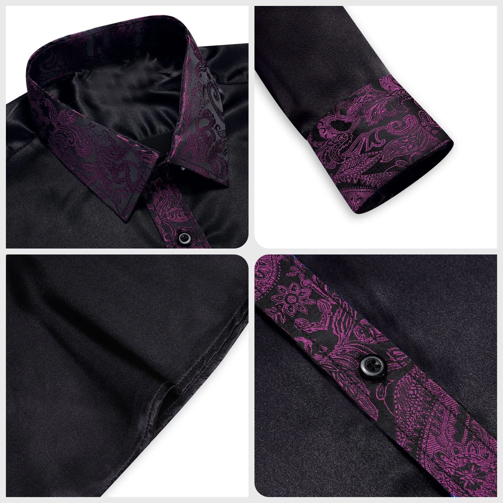 Ties2you Dress Shirt Black Solid Splicing Purple Paisley Button Down Men's Long Sleeve Shirt