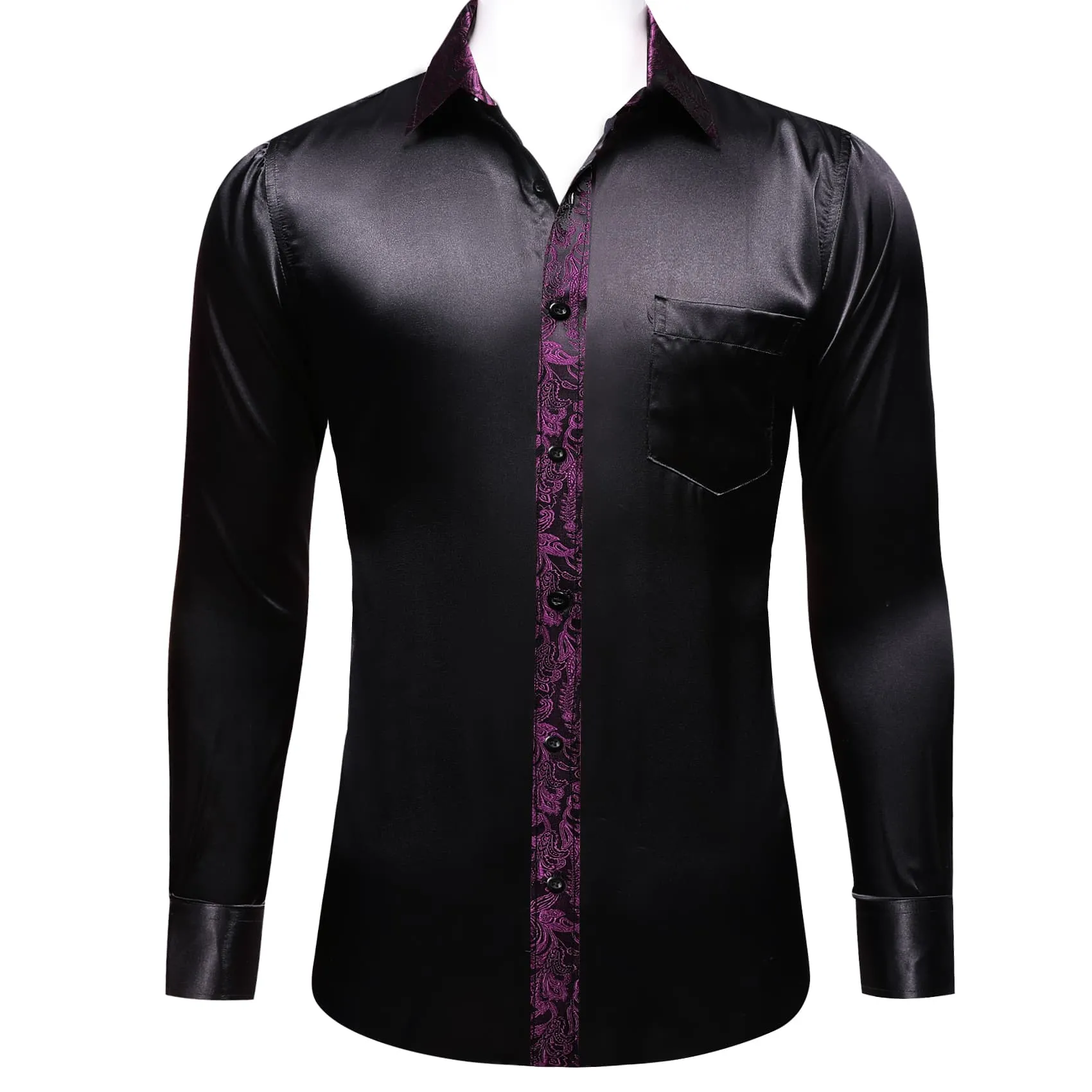 Ties2you Dress Shirt Black Solid Splicing Purple Paisley Button Down Men's Long Sleeve Shirt