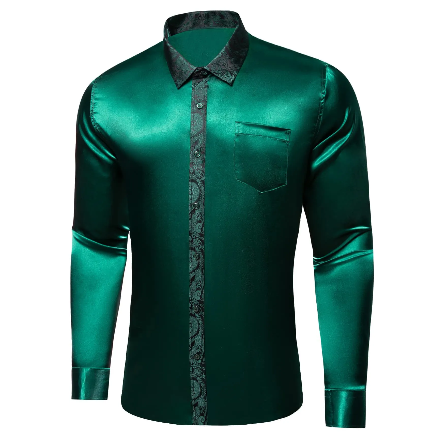 Ties2you Dress Shirt Sapphire Pine Green Solid Splicing Floral Button Down Long Sleeve Shirts for Men