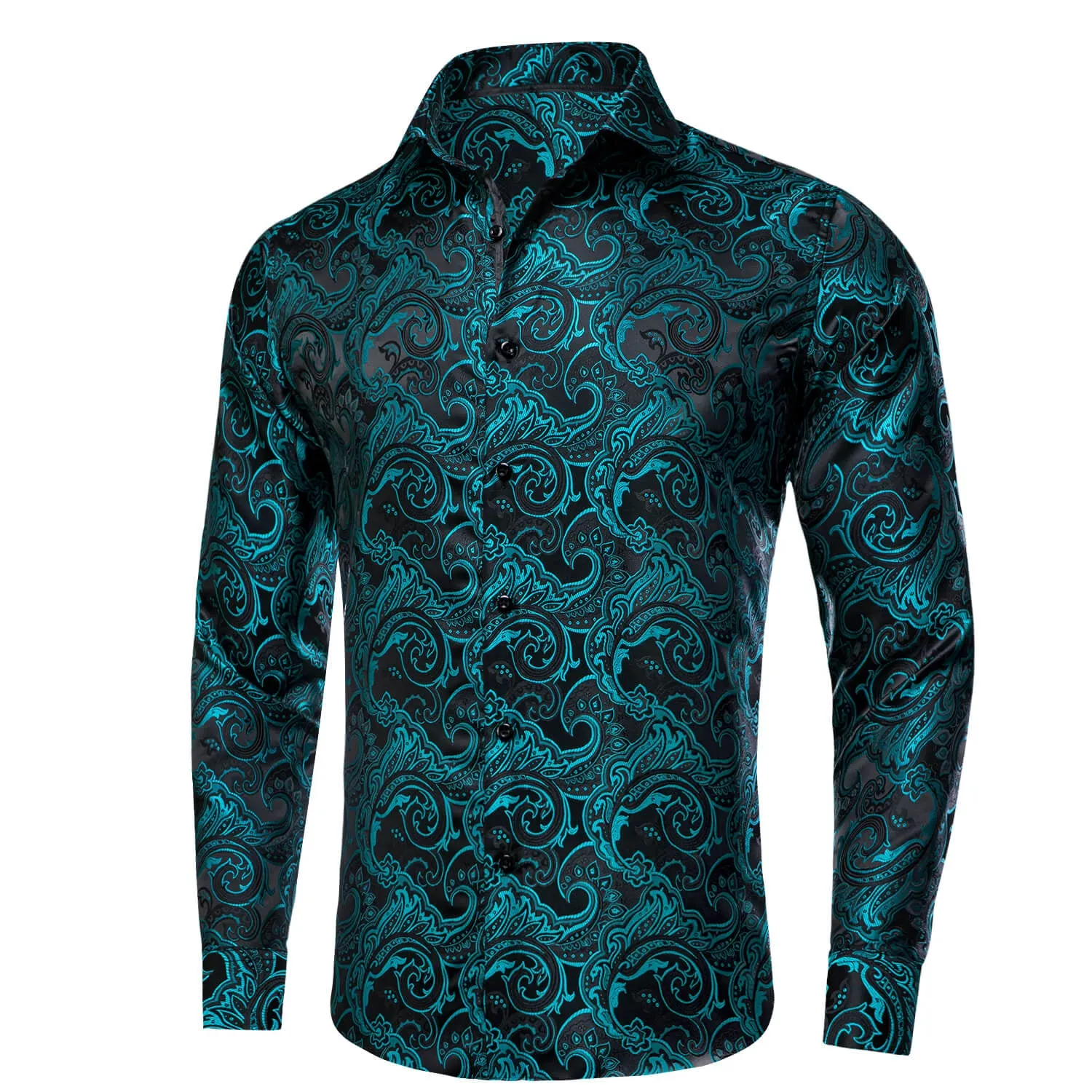 Ties2you Men's Shirt Black Teal Paisley Jacquard Woven Silk Shirt