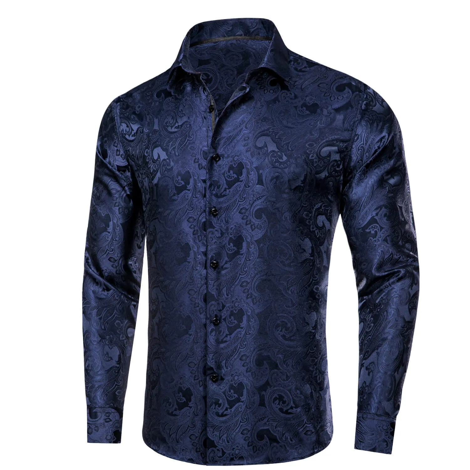 Ties2you Men's Shirt Midnight Blue Floral Silk Long Sleeve Dress Shirt