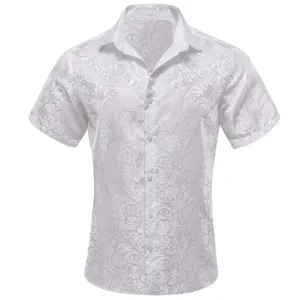 Ties2you Short Sleeve Shirt Pure White Paisley Men's Silk Shirt Fashion