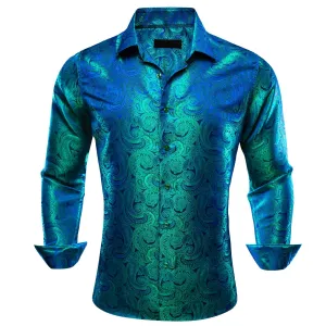 Ties2you Work Shirt Blue Green Paisley Silk Mens Button Down Long Sleeve Dress Shirt Top