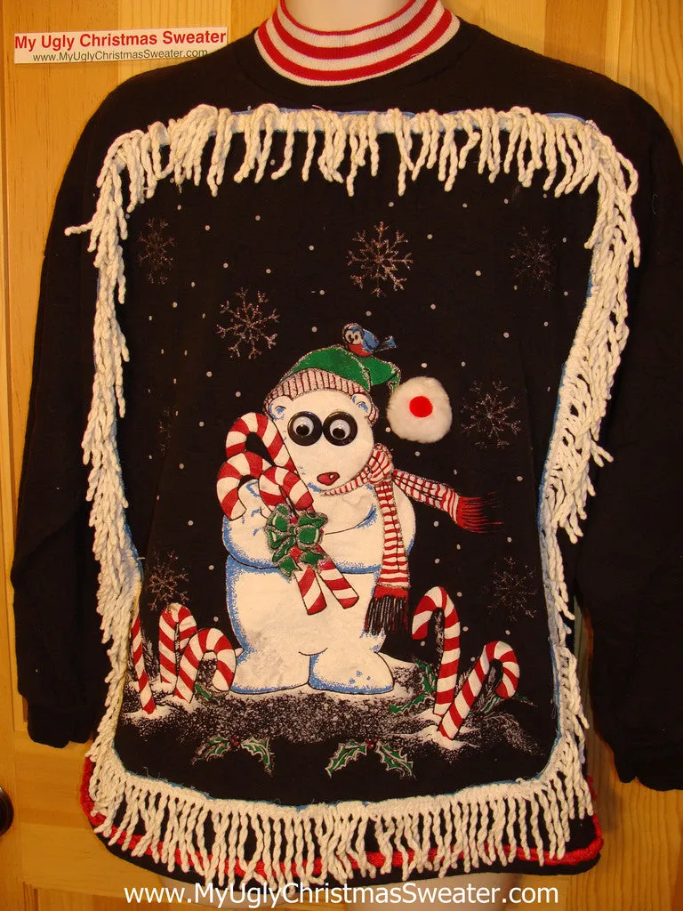 Ugly Christmas Tacky Sweatshirt Google Eyed Snowman with Fringe (q4)