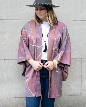 Vintage Haori Jacket, Light Purple with Mauve and Gray Abstract  Leaves