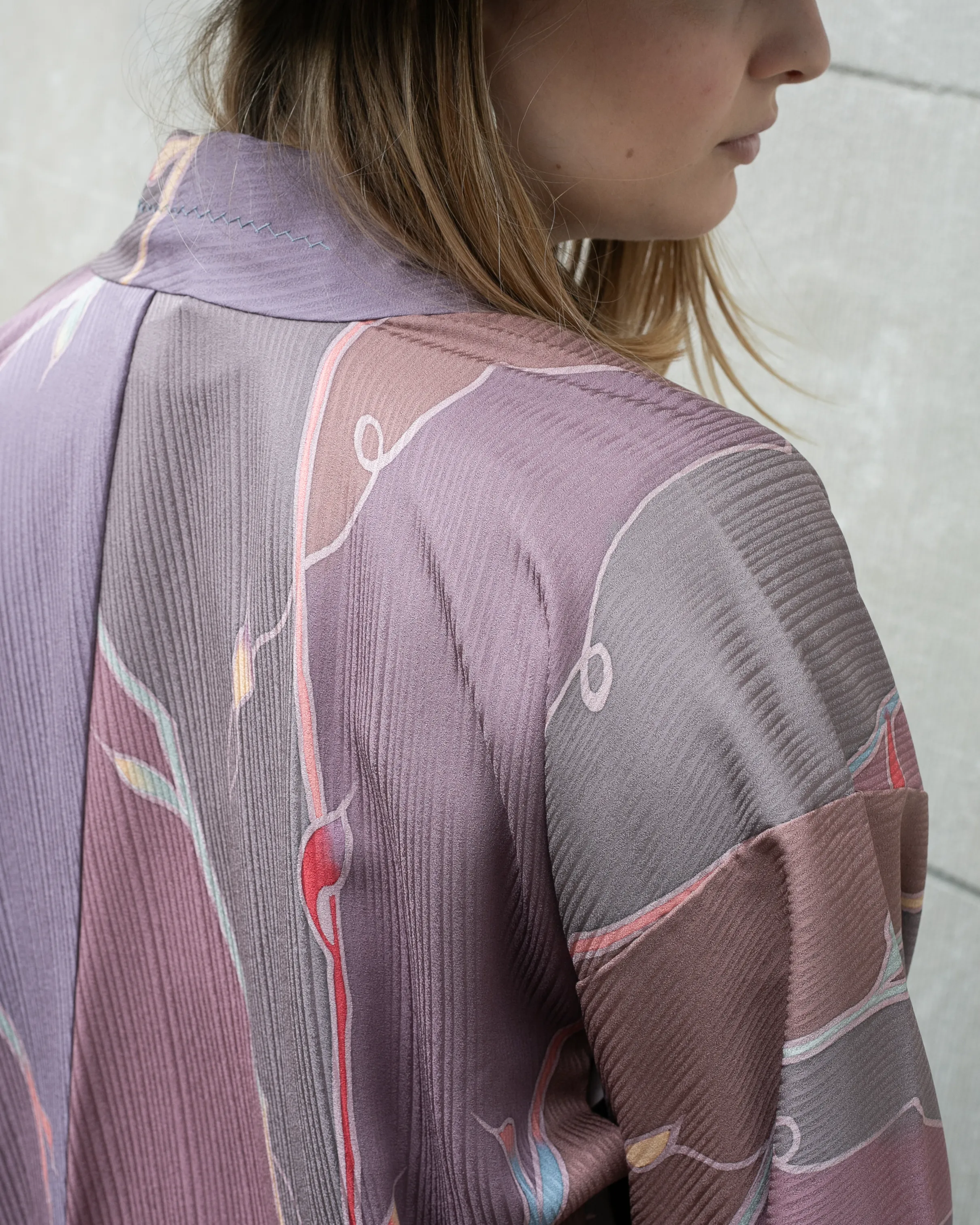 Vintage Haori Jacket, Light Purple with Mauve and Gray Abstract  Leaves