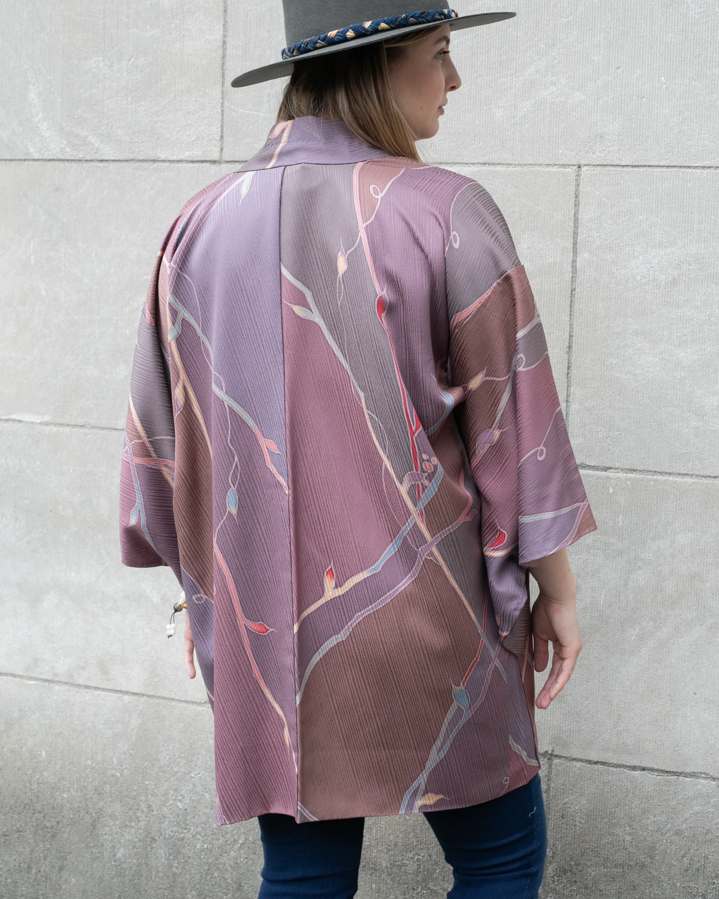 Vintage Haori Jacket, Light Purple with Mauve and Gray Abstract  Leaves