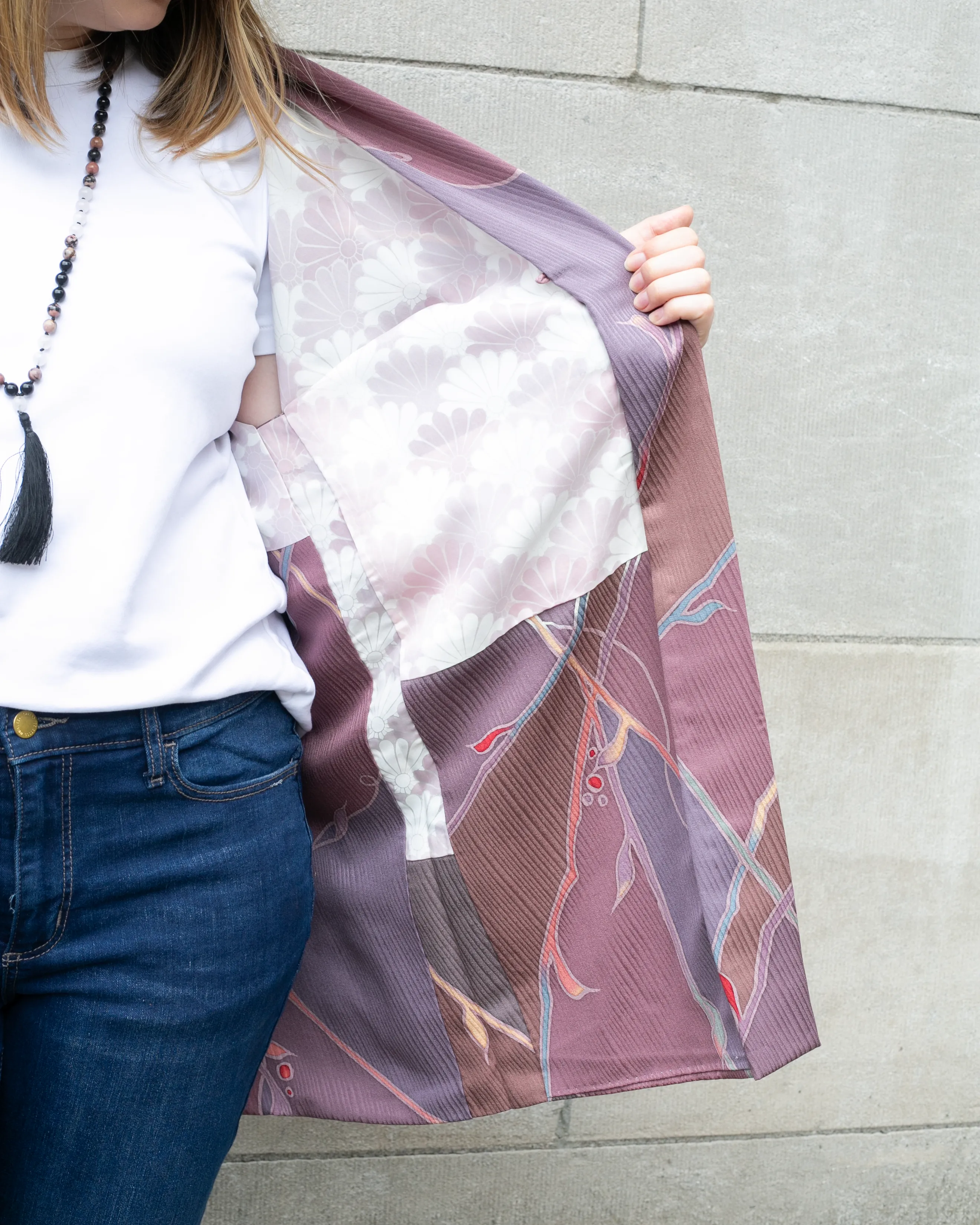 Vintage Haori Jacket, Light Purple with Mauve and Gray Abstract  Leaves