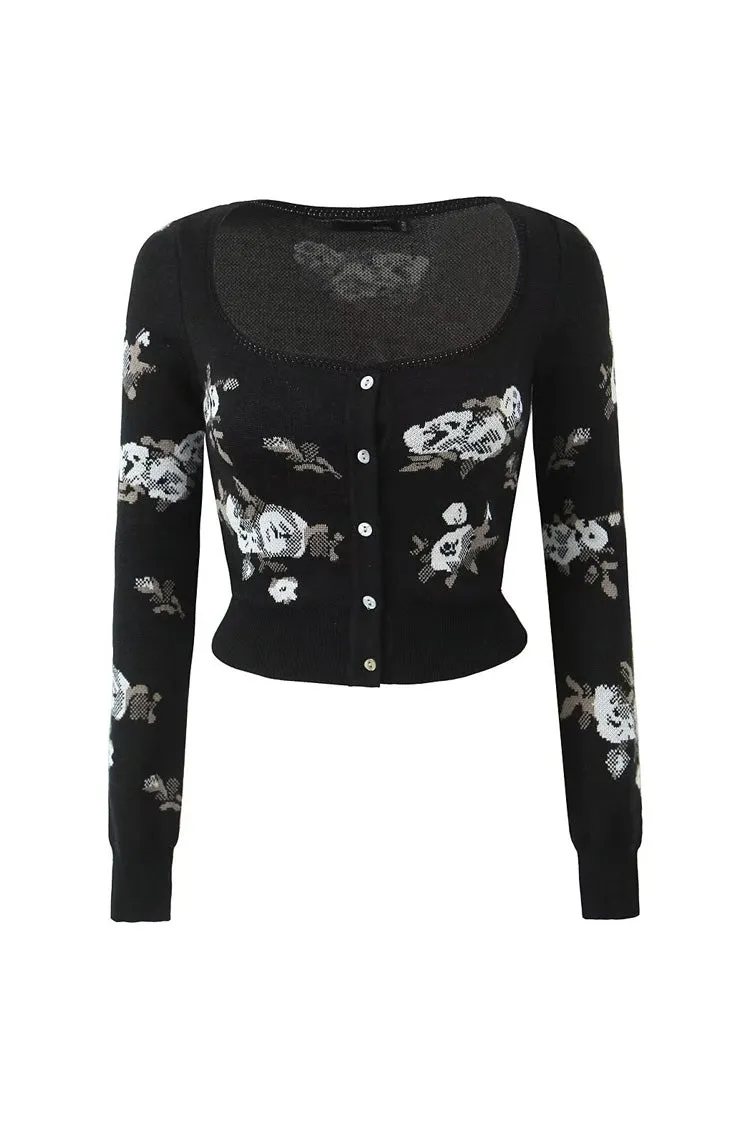 Vintage Style Floral Jacquard Knit Long Sleeve Button Up Crop Cardigan