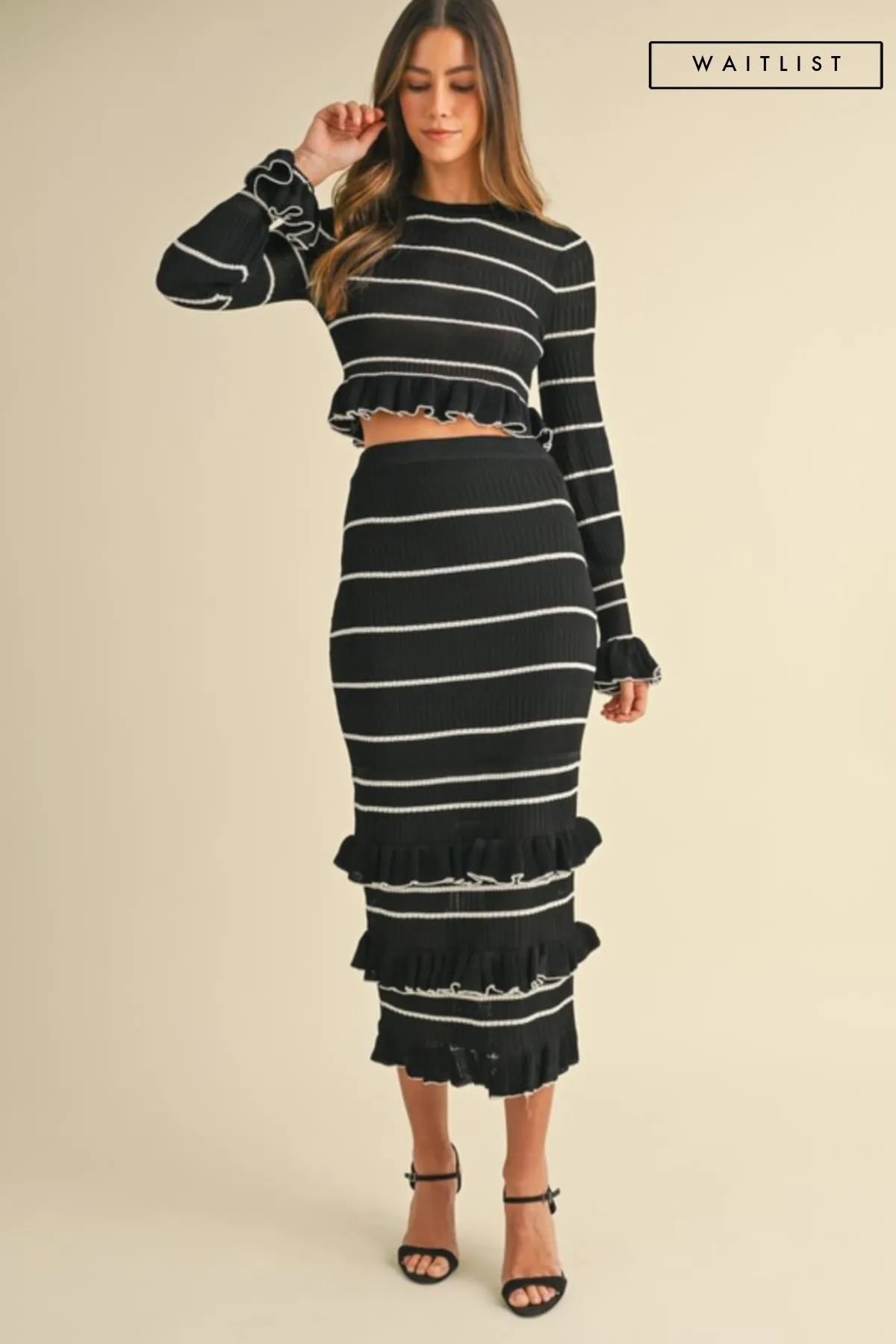 Waitlist 12/6 ♥ Casey Long Sleeve Stripe Print Knit Ruffle Crop Top And Midi Skirt Set Black