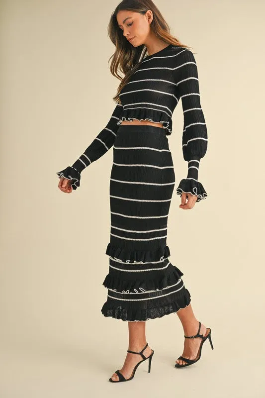 Waitlist 12/6 ♥ Casey Long Sleeve Stripe Print Knit Ruffle Crop Top And Midi Skirt Set Black