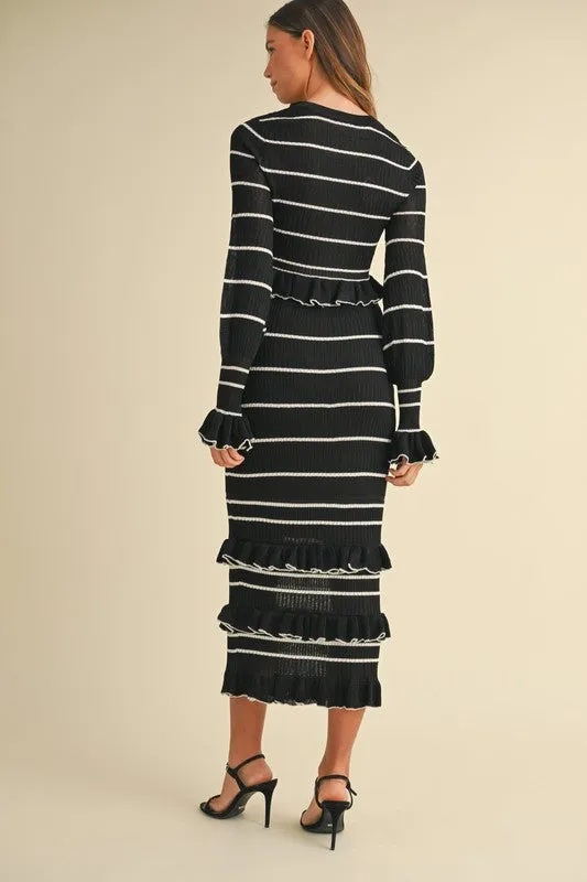 Waitlist 12/6 ♥ Casey Long Sleeve Stripe Print Knit Ruffle Crop Top And Midi Skirt Set Black