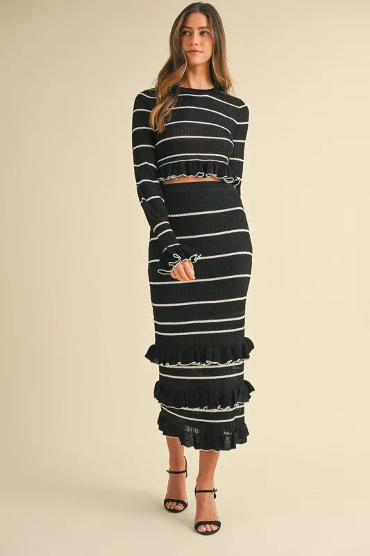 Waitlist 12/6 ♥ Casey Long Sleeve Stripe Print Knit Ruffle Crop Top And Midi Skirt Set Black