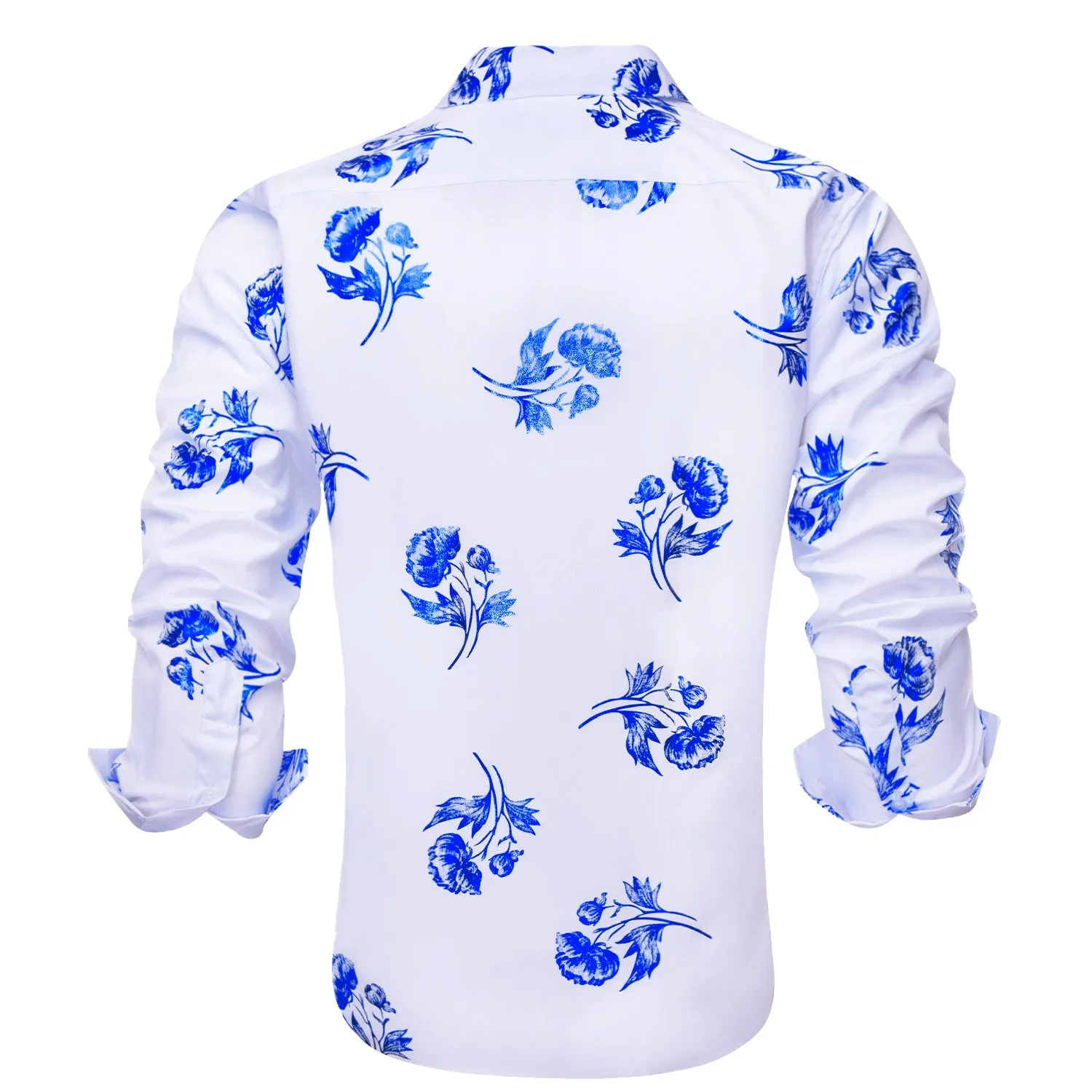 White Blue Floral Pattern Silk Men's Long Sleeve Shirt