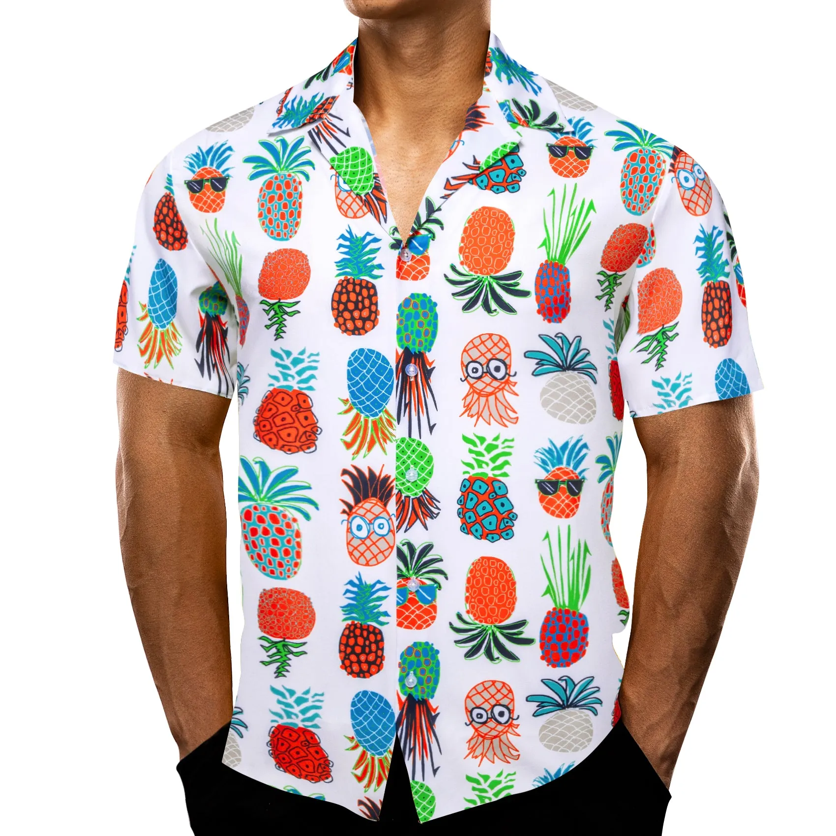 White Colorful Yellow Pineapple Novelty Men's Short Sleeve Summer Shirt