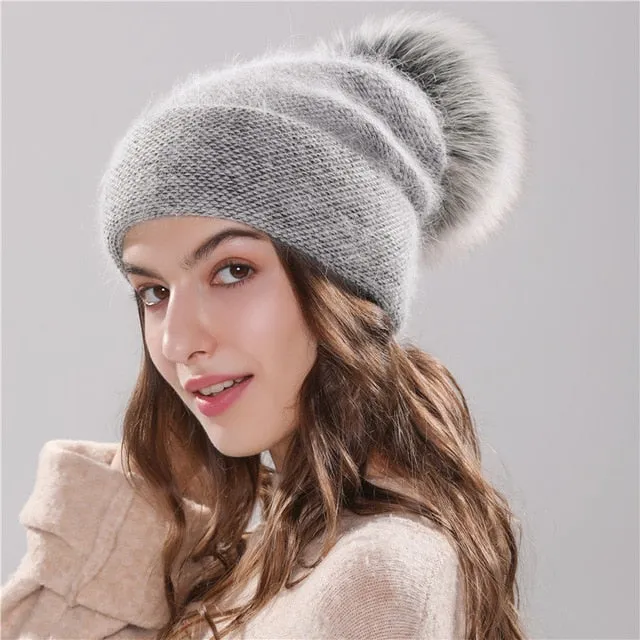 winter beanie knitted faux fur pom pom