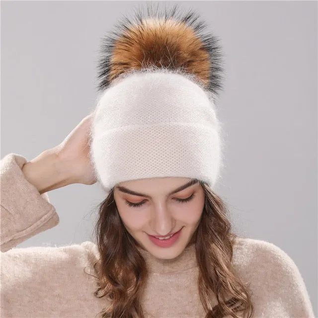 winter beanie knitted faux fur pom pom