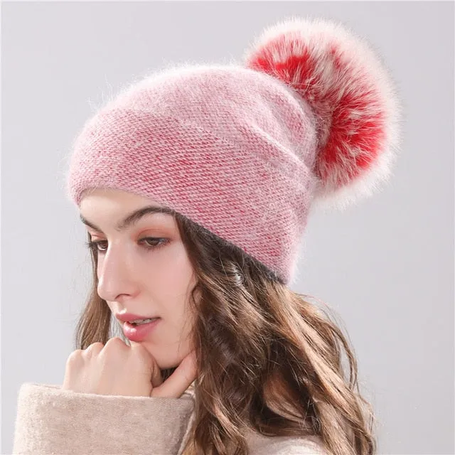 winter beanie knitted faux fur pom pom