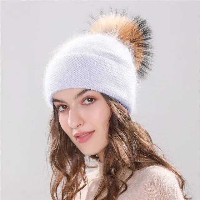 winter beanie knitted faux fur pom pom