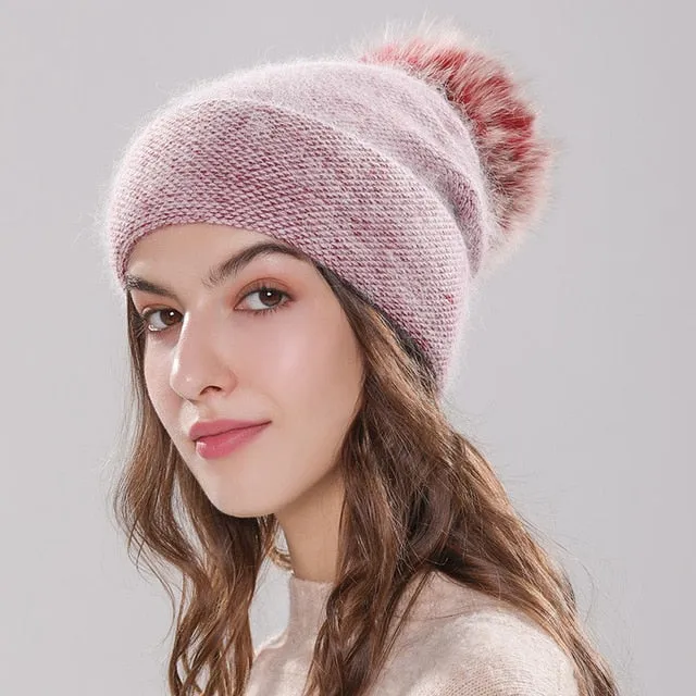 winter beanie knitted faux fur pom pom