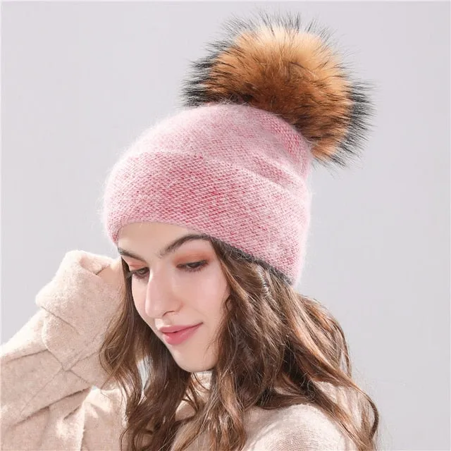 winter beanie knitted faux fur pom pom