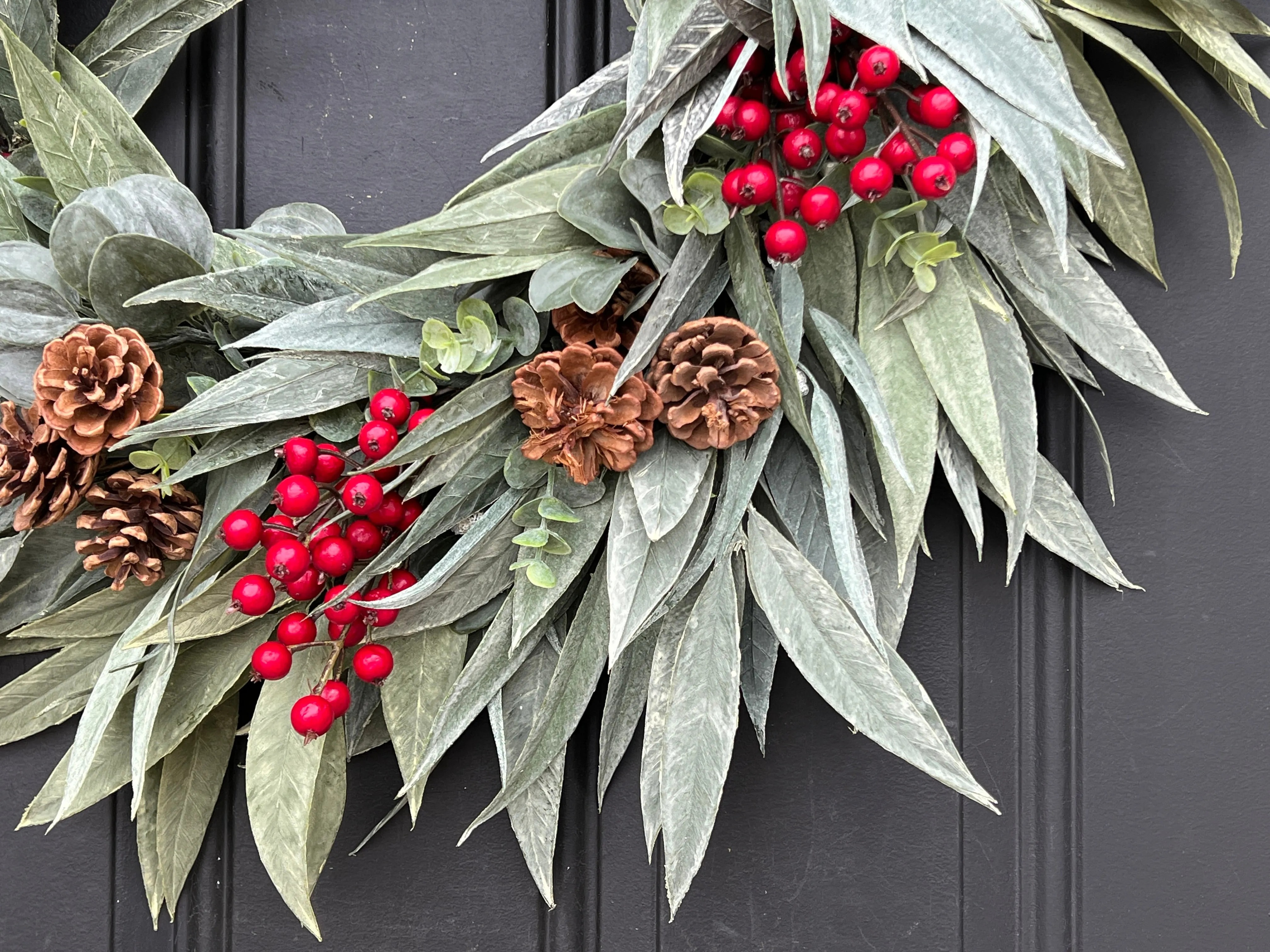 Winter Pinecone and Bay Leaf Wreath with Red Berries