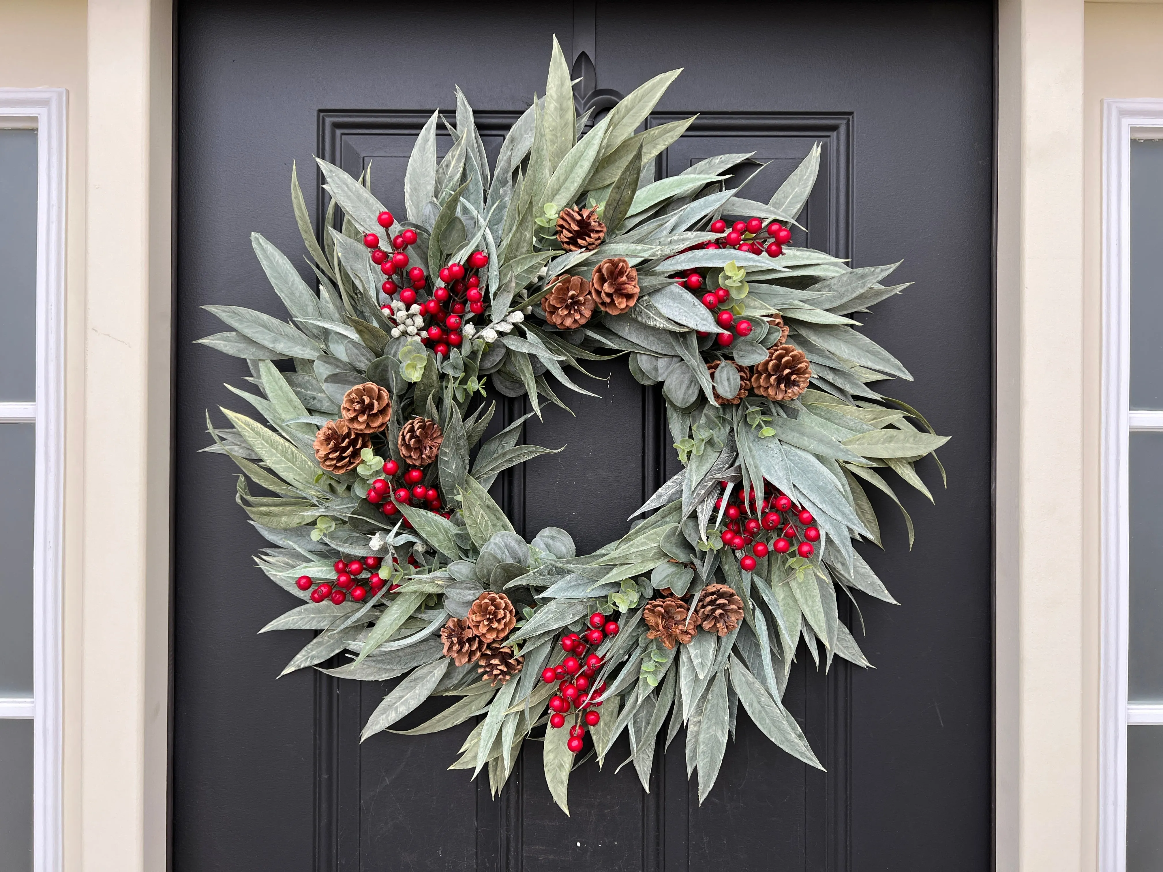 Winter Pinecone and Bay Leaf Wreath with Red Berries