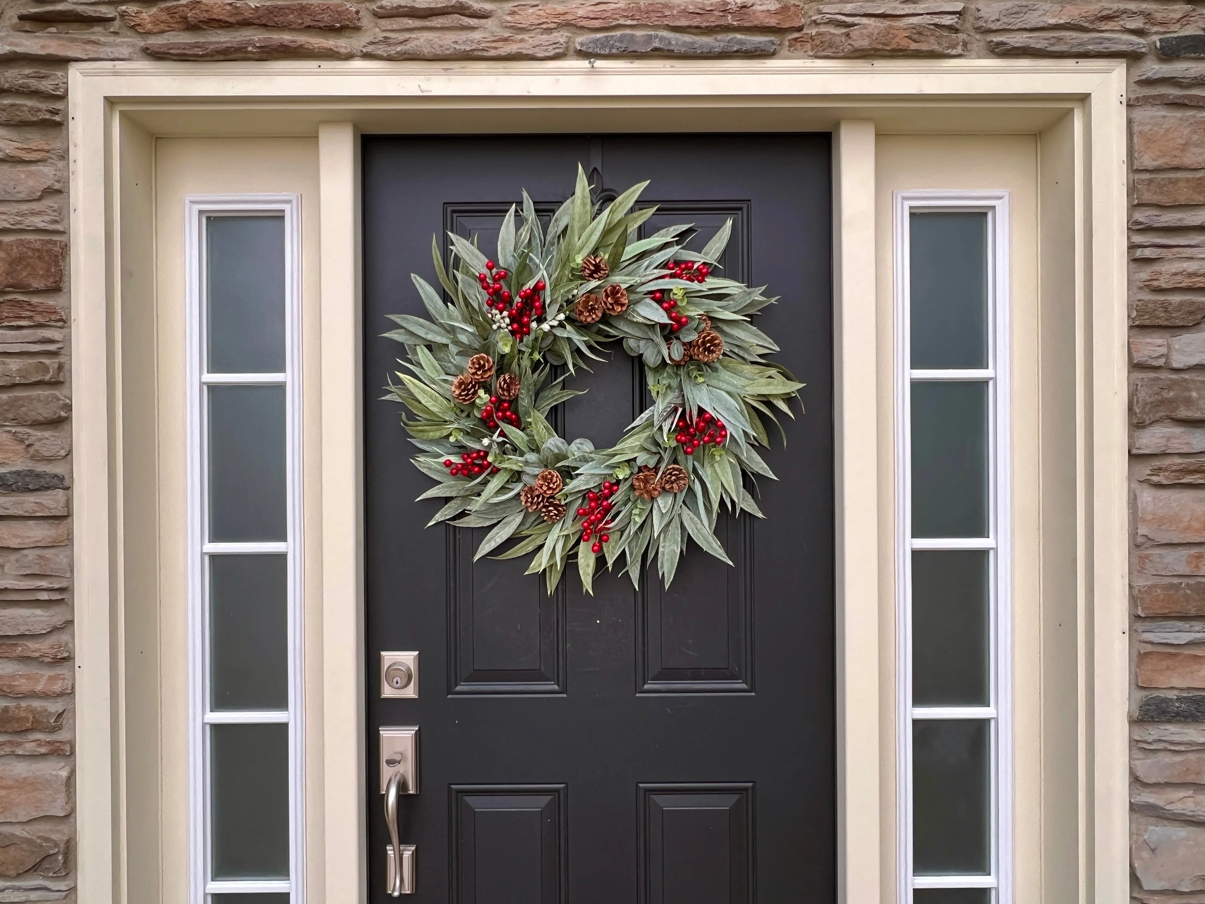 Winter Pinecone and Bay Leaf Wreath with Red Berries