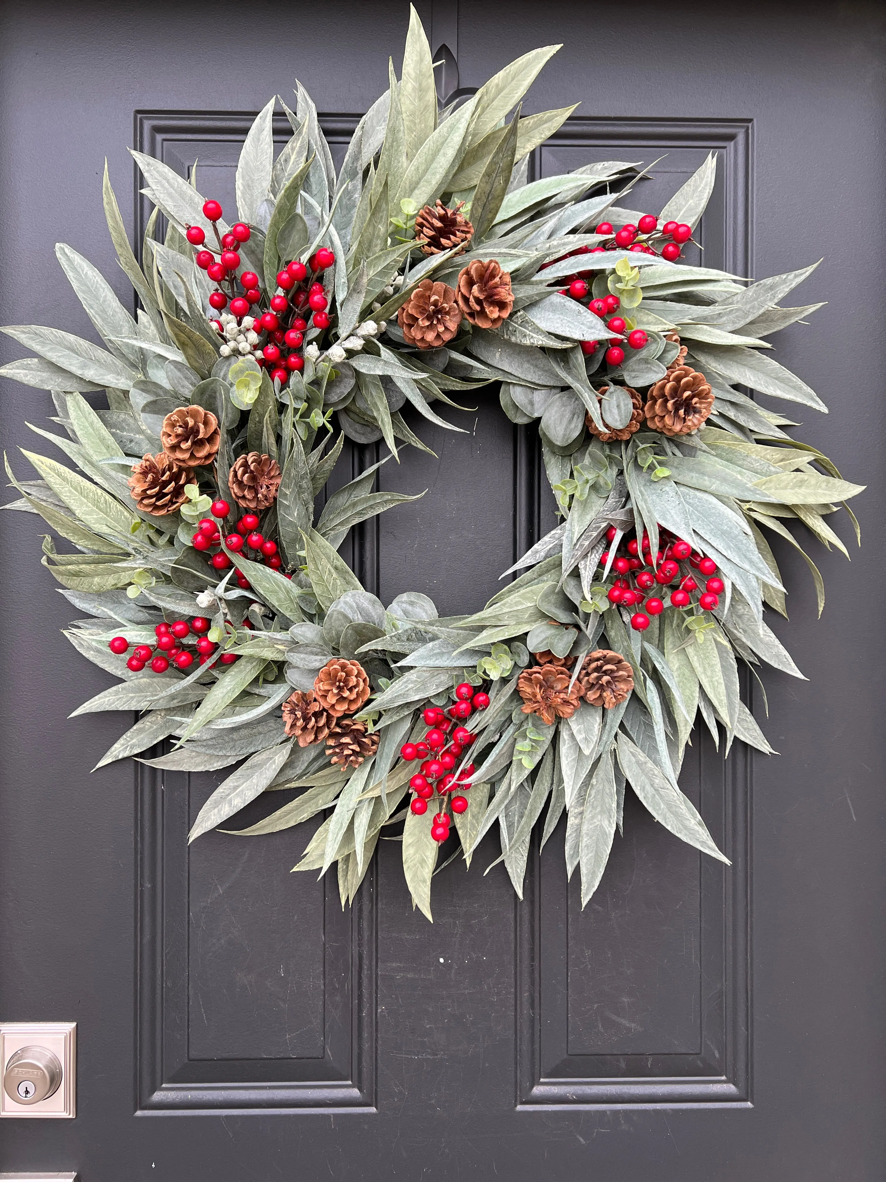 Winter Pinecone and Bay Leaf Wreath with Red Berries