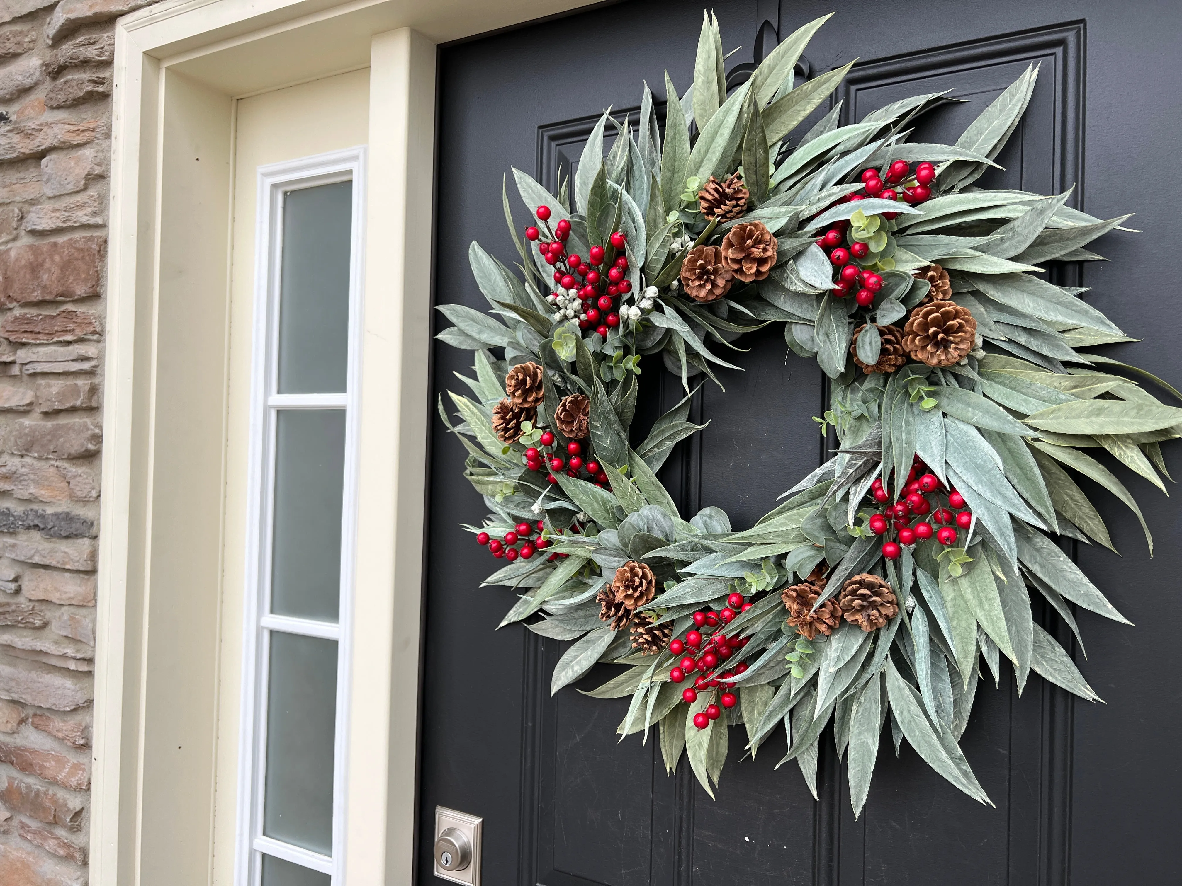 Winter Pinecone and Bay Leaf Wreath with Red Berries