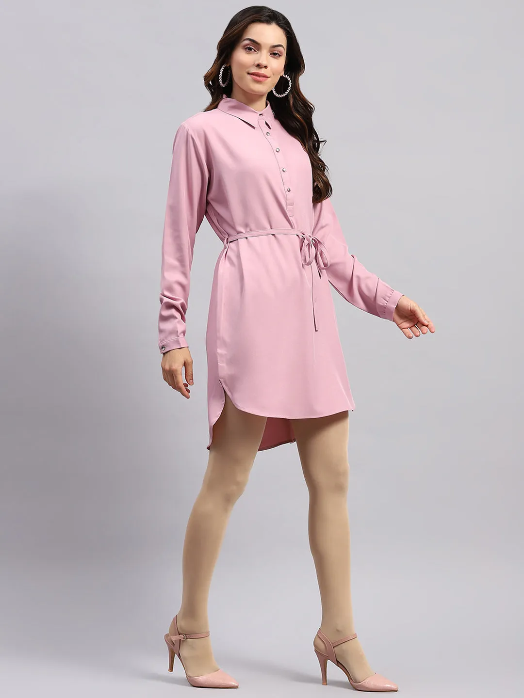 Women PINK Solid Collar Full Sleeve Tunic