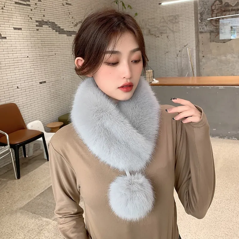 Women Scarf Faux Fur Collar with Ball Pompom-many colors