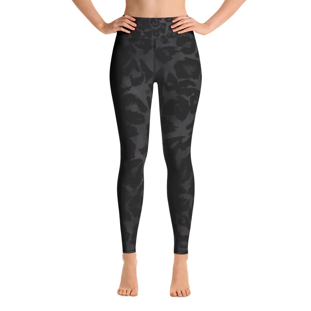 Women's Black Leopard Print Leggings, Animal Print Long Yoga Pants-Made in USA/EU