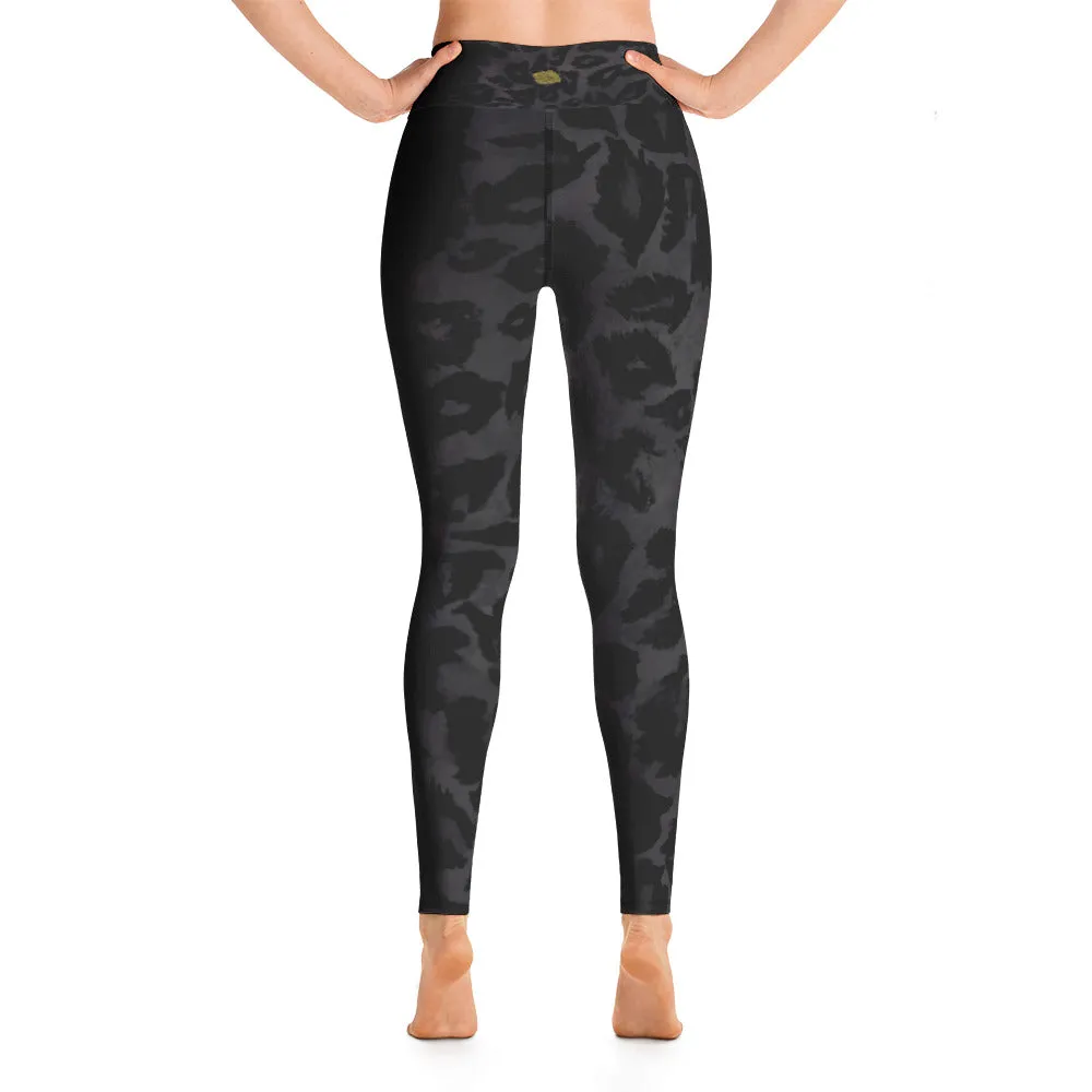 Women's Black Leopard Print Leggings, Animal Print Long Yoga Pants-Made in USA/EU