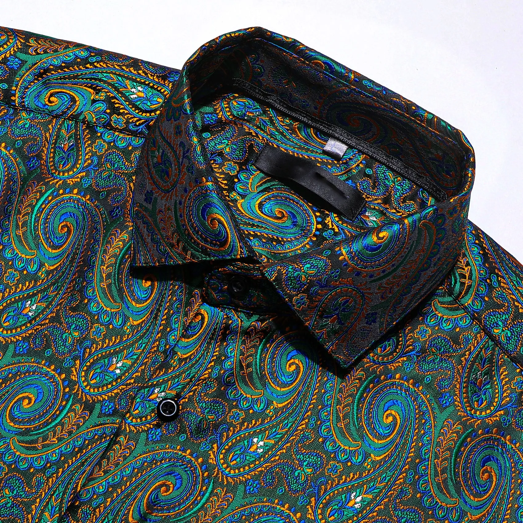 Yellow Green Paisley Silk Men's Long Sleeve Shirt