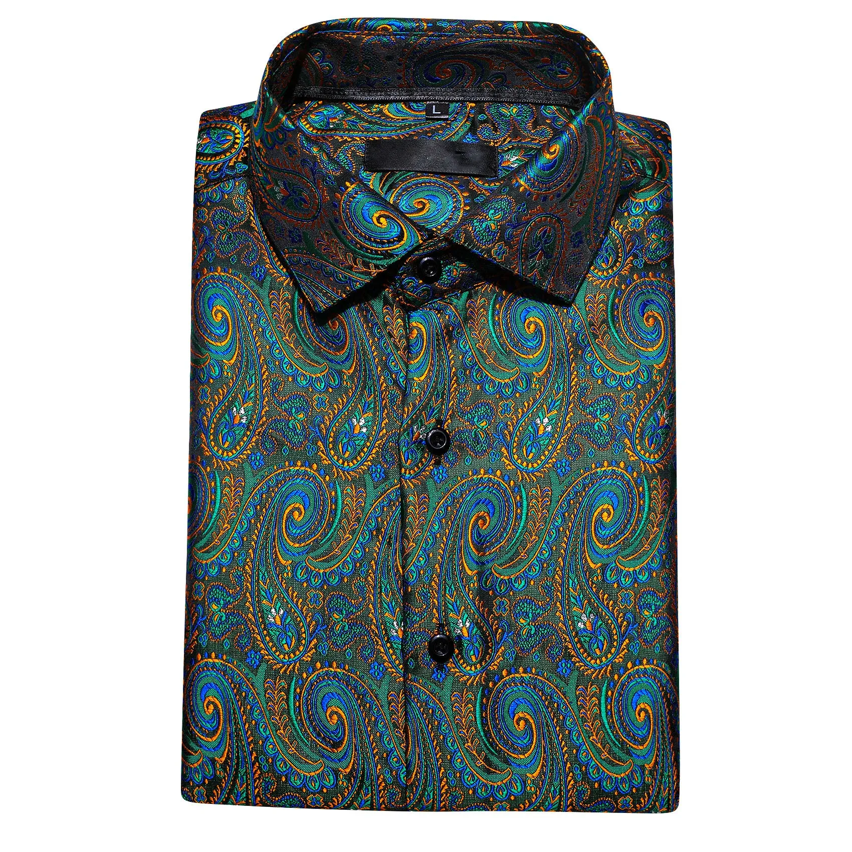 Yellow Green Paisley Silk Men's Long Sleeve Shirt